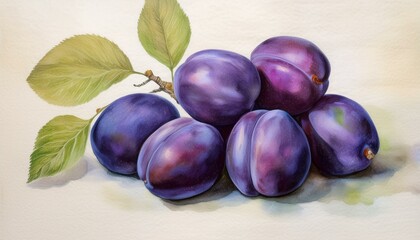 Wall Mural - A few ripe plums on a blank canvas. Watercolor artwork.