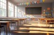 © Olsek - A bright and inviting classroom filled with colorful decorations. Sunlight streams in through large windows, casting warm shadows. Perfect for educational themes. Generative AI