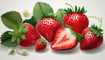 Wall Mural - A variety of strawberry images for graphic design, featuring multiple angles and views, with both whole and sliced fruit on a white background.