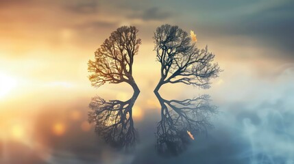 two bare trees reflected in water with a falling leaf, forming a heart shape, against a light and da