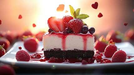   A white plate featuring a strawberry-topped slice of cake and a partially bitten slice