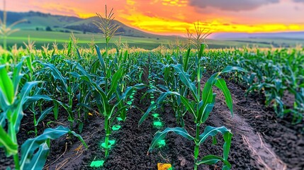   A sunset field of corn surrounded by green grass in the foreground