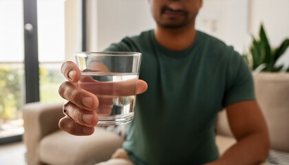 Close-up of adult male hand raising a glass of water in a living room.