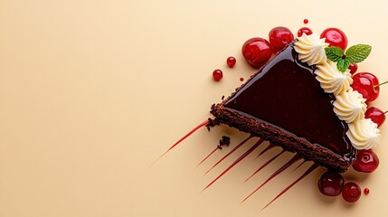  A chocolate cake with white frosting and a cherry on top sits on a brown surface