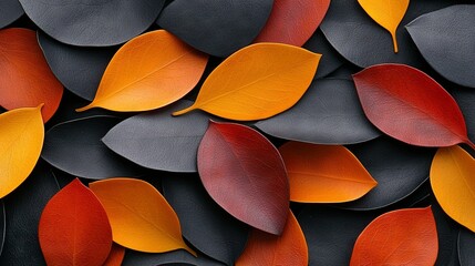   A close-up of various leaves on an orange and black leaf surface