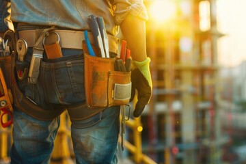 Canvas Print - A construction worker holding a tool belt on a job site