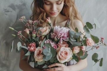 Sticker - A woman holds a bouquet of flowers in her hands, ready for celebration or gift-giving