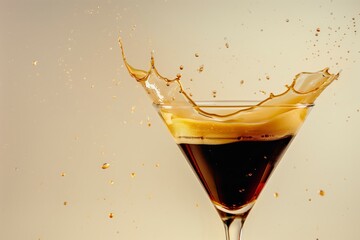 Wall Mural - Close-up of a martini glass with a brown liquid splashing out.