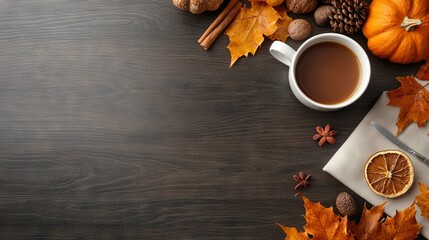   An image of a cup of coffee surrounded by orange slices on a wooden table with autumn leaves as a background on a napkin