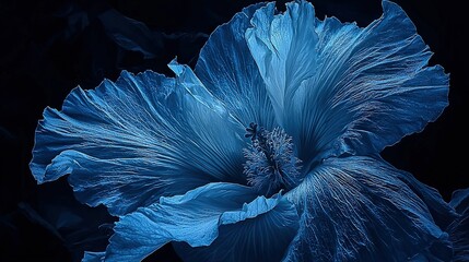 a detailed image of a blue bloom against a dark backdrop, featuring a hazy depiction of the flower's