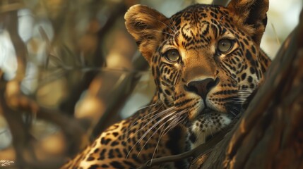 Sticker - A close-up view of a leopard perched in a tree, with its fur blending into the surroundings