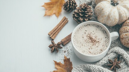   A cup of hot chocolate rests atop a table alongside a heap of cinnamon and pine cones