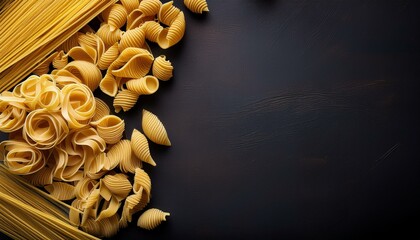 Top view of dried pasta on a dark background with room for text, shot from above.