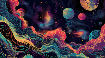Wall Mural - A psychedelic poster, colorful swirls and lines, galaxies, planets, stars