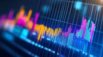 Close-up of a stock market analysis chart with a mix of bar graphs and line graphs highlighting key data