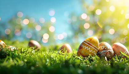 Colorful Easter Eggs lying in beautiful green gras on a sunny day - Generativ AI