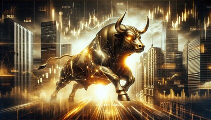 Sticker - powerful bull, stock market, financial growth, gold tones, bullish trend, aggressive stance, tech overlays, financial charts, cityscape background, digital art, dynamic energy