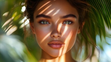 Wall Mural - Young woman with captivating eyes illuminated by natural light and shadow patterns