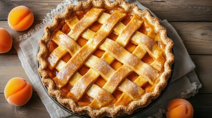 Lattice-top peach pie on a rustic wooden table with fresh apricots nearby