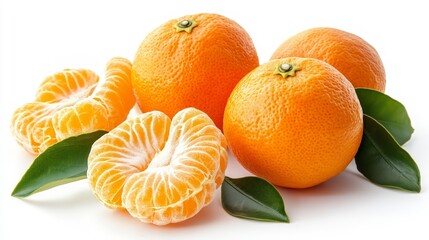 Wall Mural - Close-up of fresh mandarins with green leaves on a white background.