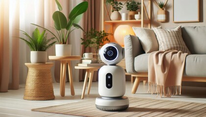 robot camera, modern living room, soft natural light, indoor plants, cozy interior, beige and white color scheme, contemporary decor, focus on device, minimalistic design