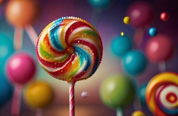 Colorful rainbow lollipops background. Vibrant swirl lollipop with glitter on a backdrop of multicolored candies