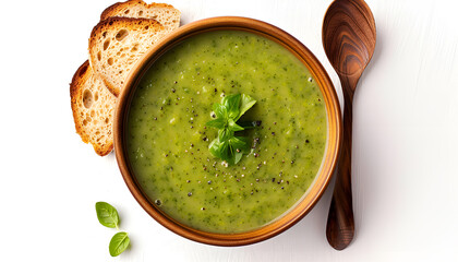 Wall Mural - Broccoli soup isolated on white background. Top view