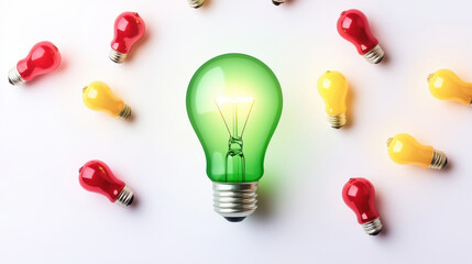 A vibrant green light bulb surrounded by colorful red and yellow bulbs, symbolizing creativity and innovation.