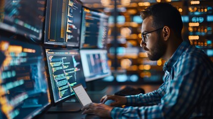 Wall Mural - intense hacker in a high tech environment surrounded by screens displaying code and data