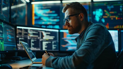 Wall Mural - intense hacker focused on notebook amidst multiple screens of code and digital data display