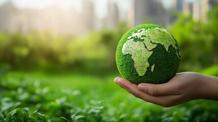 Sticker - A hand holding a globe covered in grass, with a blurred green background.