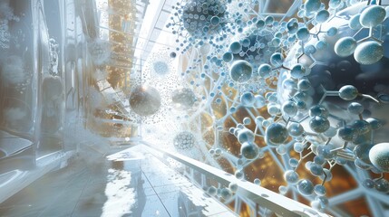 Wall Mural - abstract futuristic corridor with reflective floors and large silver sphere-like molecules hanging f