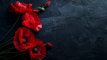 Poster - A stunning arrangement of vibrant red poppies on a dark background, beautifully capturing natures splendor