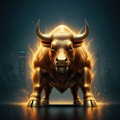 Sticker - powerful bull, stock market, financial growth, gold tones, bullish trend, aggressive stance, tech overlays, financial charts, cityscape background, digital art, dynamic energy