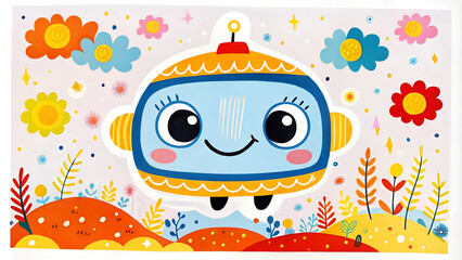 Cheerful blue robot floating happily among colorful autumn flowers and stars