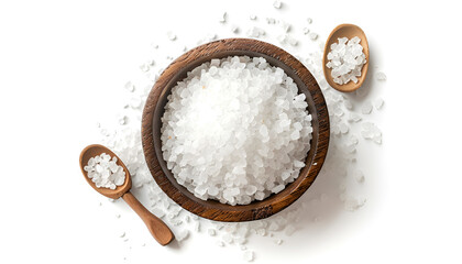 Sea salt in wooden bowl isolated on white background closeup top view