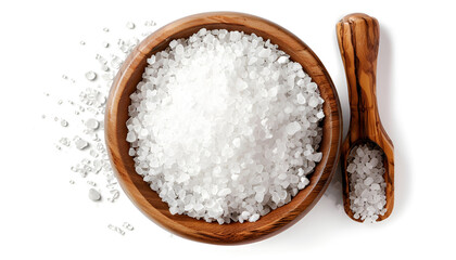 Sea salt in wooden bowl isolated on white background closeup top view