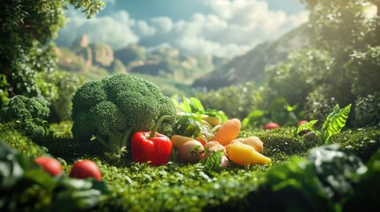 Fantasy landscape of vegetables in a lush garden with broccoli trees and pepper hills