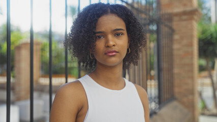 Beautiful young african american woman with curly hair standing outdoors in an urban city street setting.