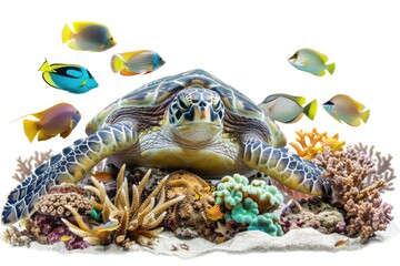 Sticker - A turtle sits atop a colorful coral reef