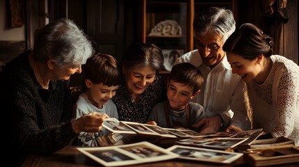 Wall Mural - A warm family gathering where generations joyfully share and reminisce over old photographs, capturing the essence of love and connection. 