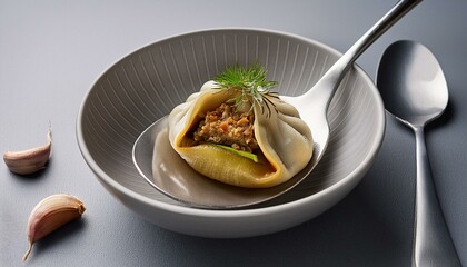 A healthy vegetable and meat-filled dumpling served in a spoon, with roasted garlic, on a grey background.