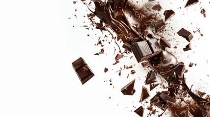 Chunks of dark chocolate, some broken, against a background of splashes of liquid chocolate. useful for culinary or advertising purposes.