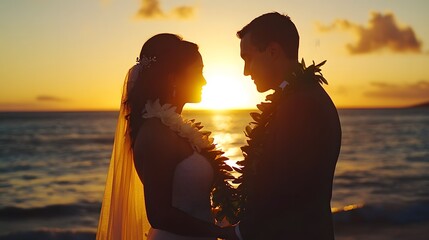 A romantic silhouette of a couple exchanging vows at sunset on a beach, symbolizing love and commitment. 