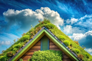 green roof, gable, garden, background, eco-friendly, urban, sustainable, energy-efficient, environment, Green roof gable with plants and vegetation on a blue sky and cloud background