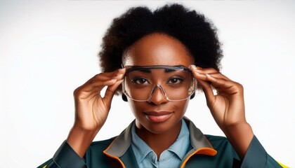 African American woman donning safety glasses.