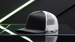 © Abdul - Trucker Cap with Black Front and White Mesh Back on a Reflective Dark Surface with Neon Green Accents, trucker hat with white and black mesh, Ai generated Images