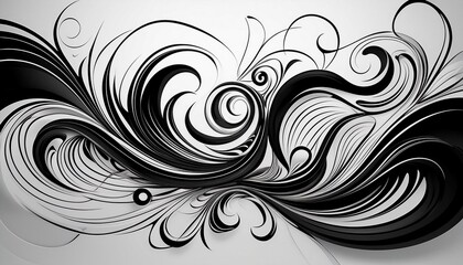 Dynamic shapes and swirling lines in black on a white backdrop.