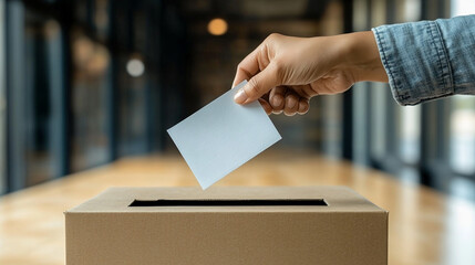 hand placing a ballot paper into a ballot box illuminated by sunlight, symbolizing the act of voting