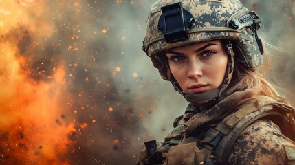 Wall Mural - female soldier in combat gear focused on the mission during a tense moment in a war zone